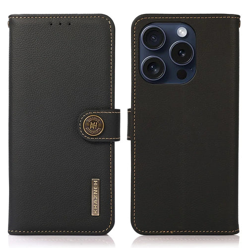 KHAZNEH For iPhone 16 Pro Case RFID Blocking Genuine Cow Leather Viewing Stand Cover - Black - 1