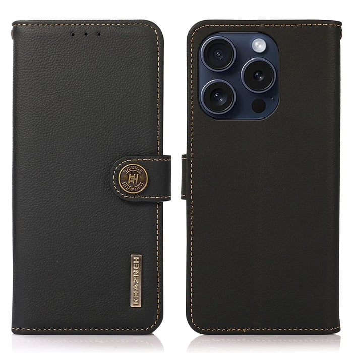 KHAZNEH For iPhone 16 Pro Case RFID Blocking Genuine Cow Leather Viewing Stand Cover - Black - 1
