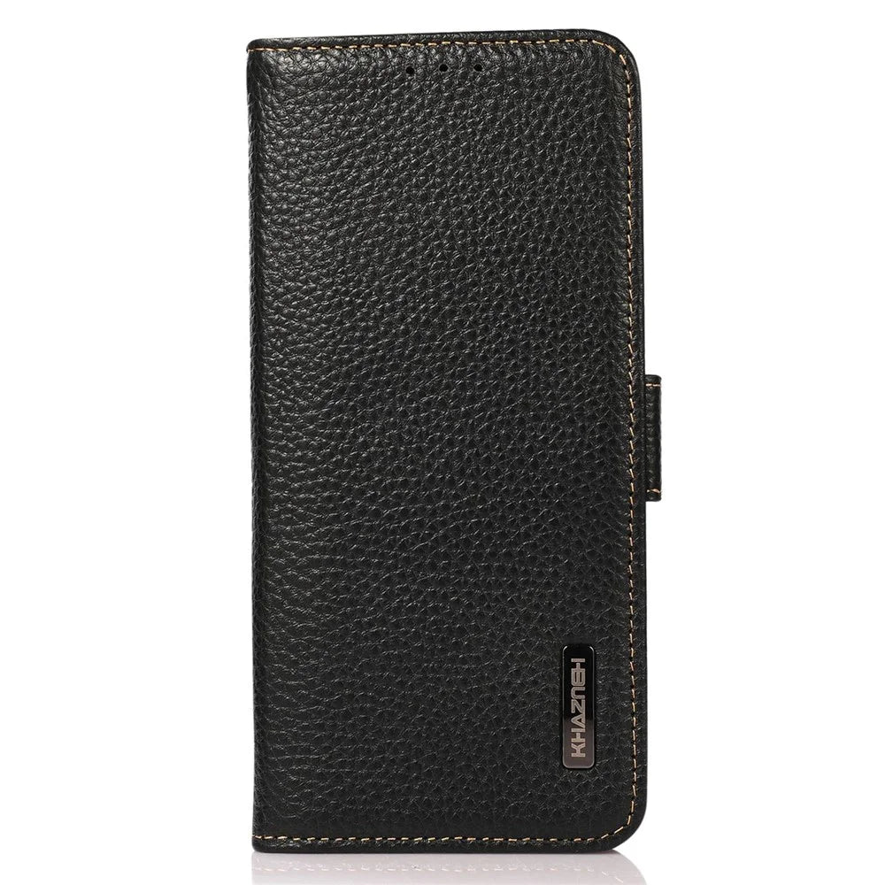 KHAZNEH For iPhone 16 Pro Case RFID Blocking Genuine Cow Leather Wallet Phone Cover - Black - 7