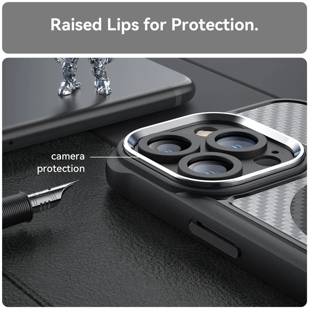 For iPhone 15 Pro Max Magnetic Case Smooth Carbon Fiber TPU+PC Translucent Phone Cover - Black - 6