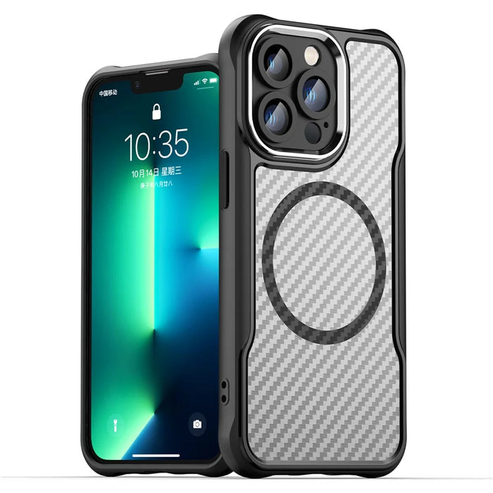 For iPhone 13 Pro Max Case TPU+PC Phone Cover Compatible with Magsafe Carbon Fiber - Black - 1