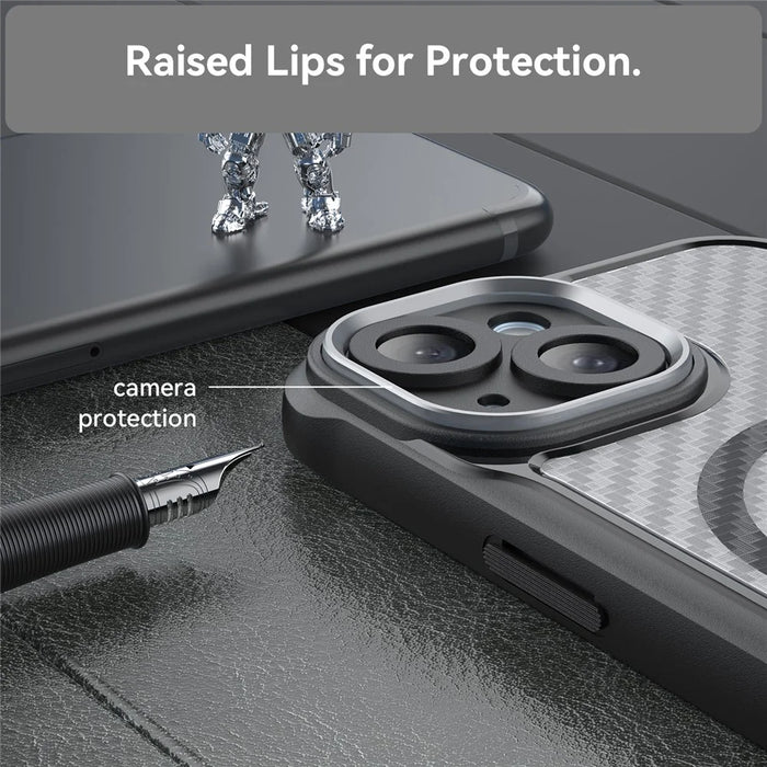 For iPhone 15 Case Compatible with MagSafe Carbon Fiber Texture TPU+PC Phone Cover - Black - 6