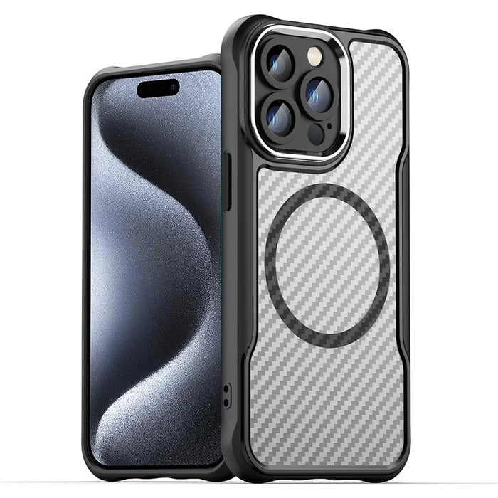 For iPhone 14 Pro Max Magnetic Case TPU+PC Translucent Carbon Fiber Texture Phone Cover - Black - 1
