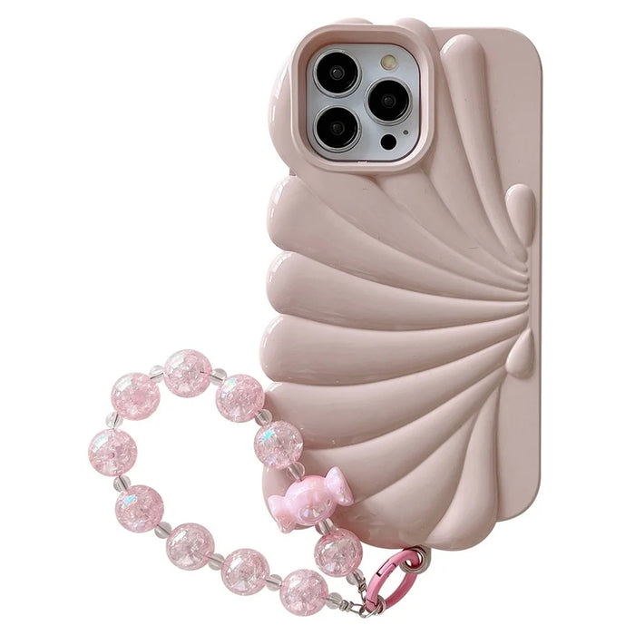 For iPhone 13 Pro Case Seashell Shape Glossy TPU Phone Cover with Bracelet Chain - Pink - 1