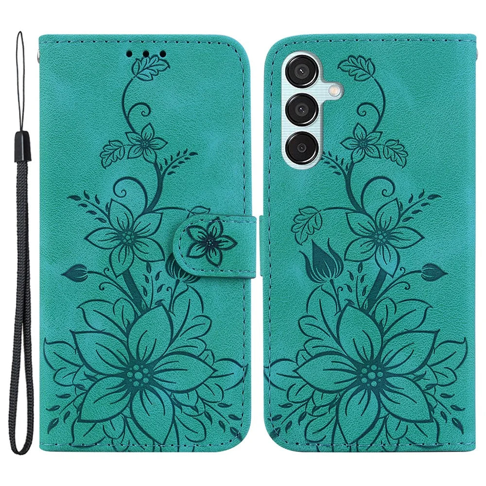 For Samsung Galaxy M15 5G / F15 5G Leather Case Flower Imprinted Phone Cover - Green - 1