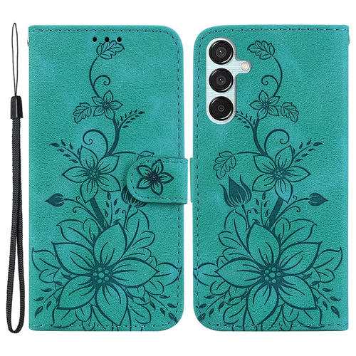 For Samsung Galaxy M15 5G / F15 5G Leather Case Flower Imprinted Phone Cover - Green - 1