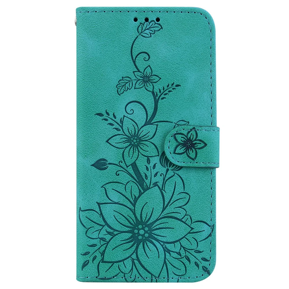 For Samsung Galaxy M15 5G / F15 5G Leather Case Flower Imprinted Phone Cover - Green - 6