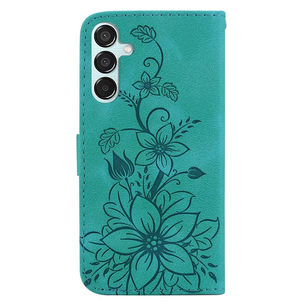 For Samsung Galaxy M15 5G / F15 5G Leather Case Flower Imprinted Phone Cover - Green - 7