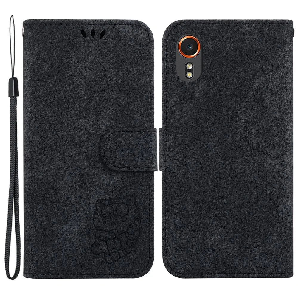 For Samsung Galaxy Xcover7 Case Cute Tiger Leather Card Holder / Cash Slots Phone Cover - Black - 1