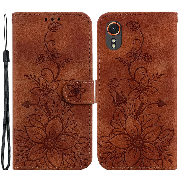 For Samsung Galaxy Xcover7 Case Flower Leather Phone Cover with Wallet Function - Brown - 1