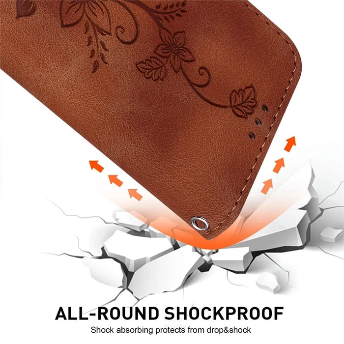 For Samsung Galaxy Xcover7 Case Flower Leather Phone Cover with Wallet Function - Brown - 4