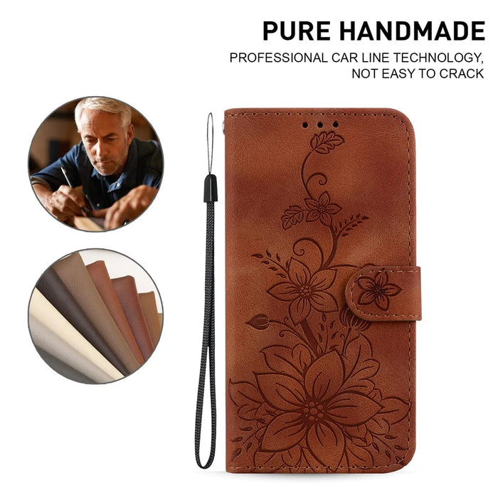 For Samsung Galaxy Xcover7 Case Flower Leather Phone Cover with Wallet Function - Brown - 5