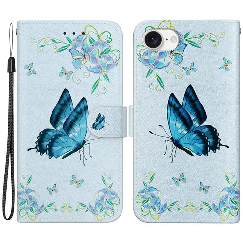 For iPhone 17e / 16e Case Pattern Print Scratch-Proof Leather Phone Cover with Wallet - Blue Butterfly Flower - 1