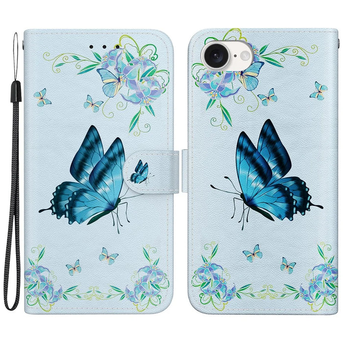For iPhone 17e / 16e Case Pattern Print Scratch-Proof Leather Phone Cover with Wallet - Blue Butterfly Flower - 1