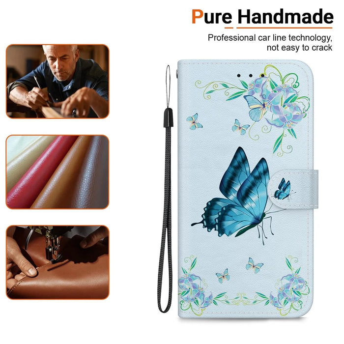For iPhone 17e / 16e Case Pattern Print Scratch-Proof Leather Phone Cover with Wallet - Blue Butterfly Flower - 6