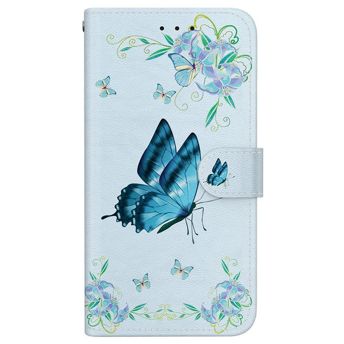 For iPhone 17e / 16e Case Pattern Print Scratch-Proof Leather Phone Cover with Wallet - Blue Butterfly Flower - 7