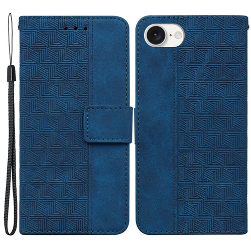 For iPhone 17e / 16e Leather Wallet Case Geometry Imprint Phone Cover - Blue - 1