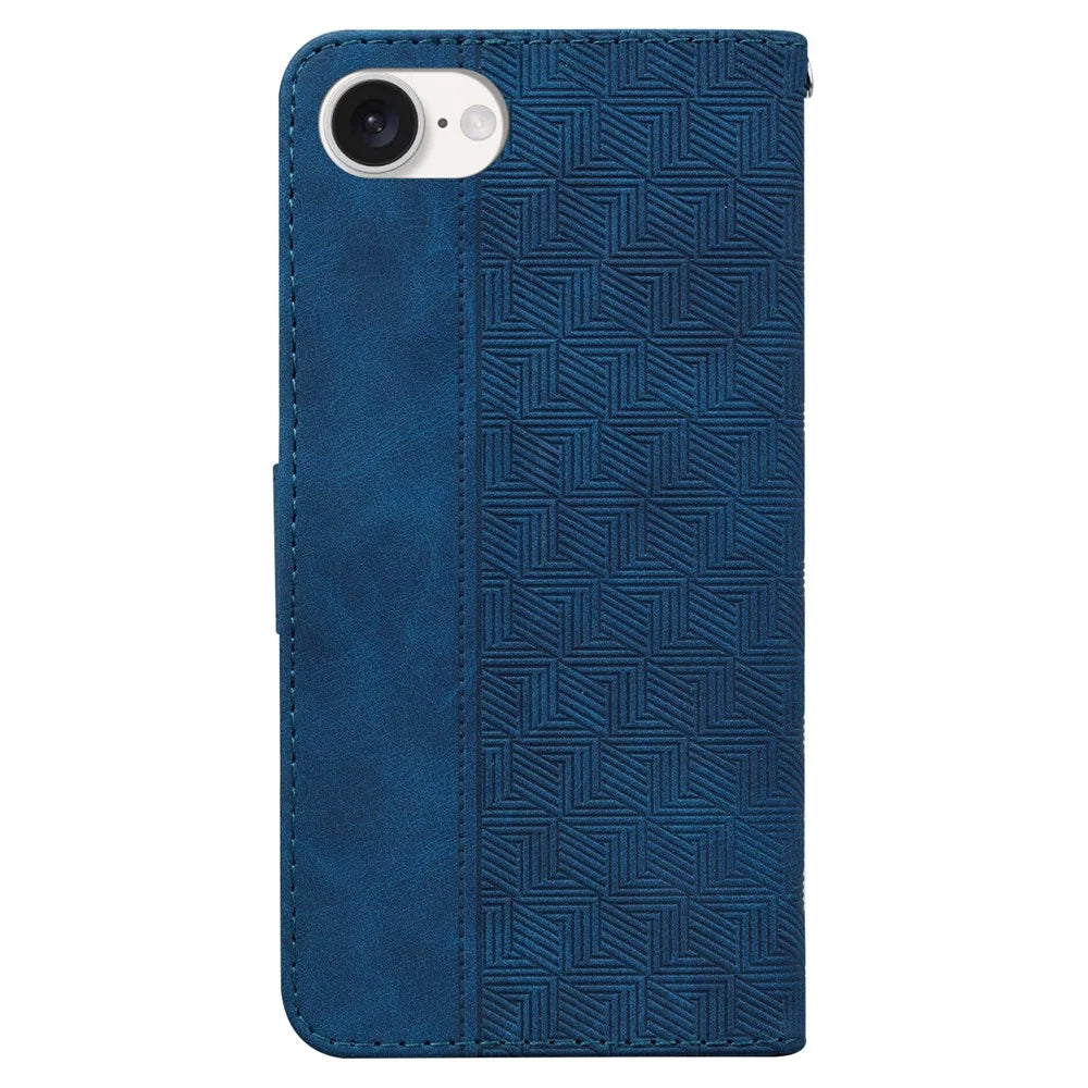 For iPhone 17e / 16e Leather Wallet Case Geometry Imprint Phone Cover - Blue - 7