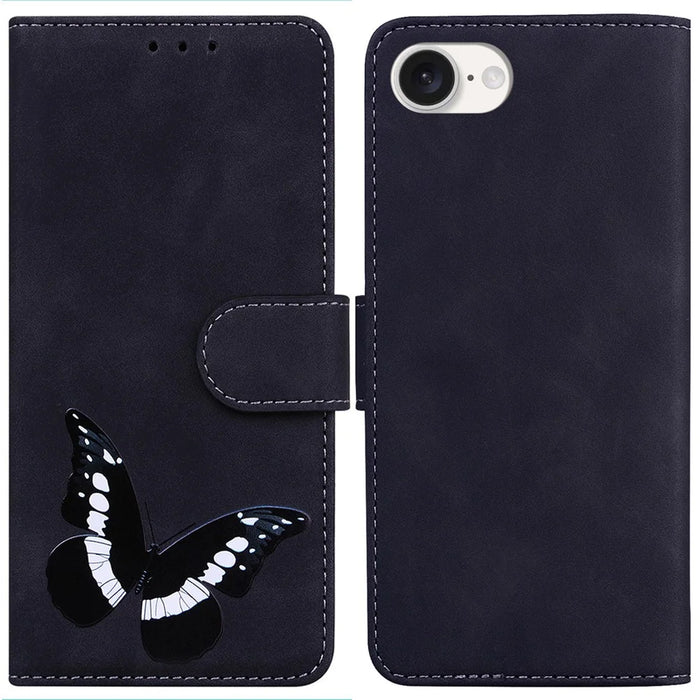 For iPhone 17e / 16e Case Butterfly Pattern Wallet Stand Leather Phone Cover - Black - 1
