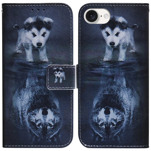 For iPhone 17e / 16e Wallet Phone Case Pattern Print Anti-Drop PU Leather Flip Cover - Dog and Wolf - 1