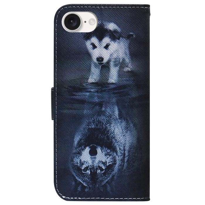 For iPhone 17e / 16e Wallet Phone Case Pattern Print Anti-Drop PU Leather Flip Cover - Dog and Wolf - 7