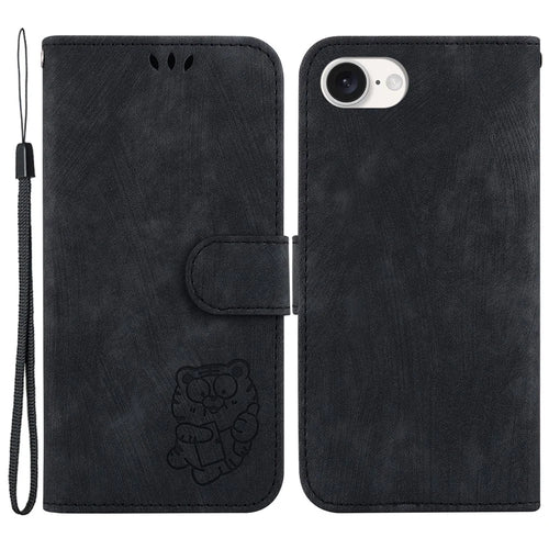 For iPhone 17e / 16e Case Wallet PU Leather Flip Phone Stand Cover with Imprinted Tiger Pattern - Black - 1
