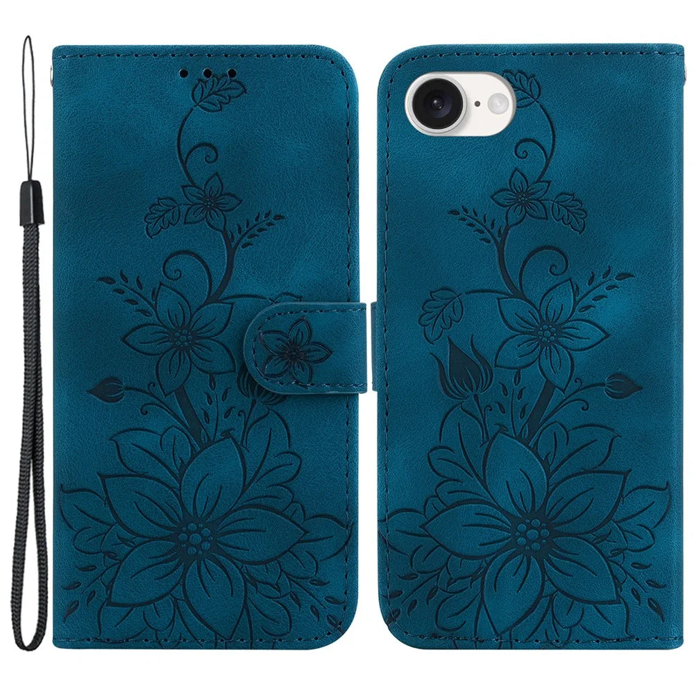 For iPhone 17e / 16e Cell Phone Cases Floral Imprinted PU Leather Flip Protective Cover - Dark Blue - 1