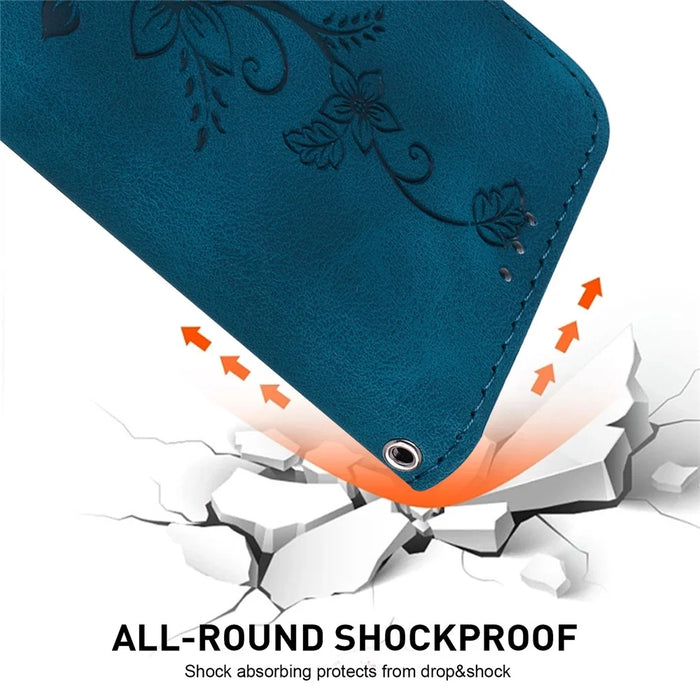 For iPhone 17e / 16e Cell Phone Cases Floral Imprinted PU Leather Flip Protective Cover - Dark Blue - 4