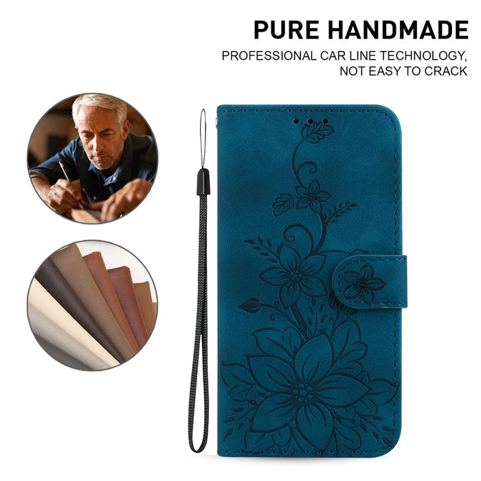 For iPhone 17e / 16e Cell Phone Cases Floral Imprinted PU Leather Flip Protective Cover - Dark Blue - 5