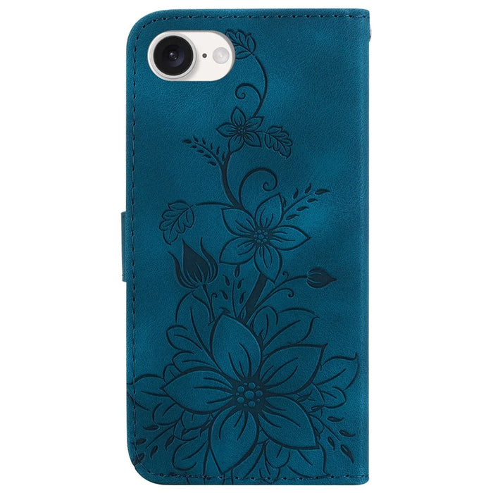 For iPhone 17e / 16e Cell Phone Cases Floral Imprinted PU Leather Flip Protective Cover - Dark Blue - 7