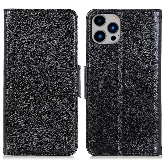 For iPhone 16 Pro Max Case Nappa Texture Split Leather Cover with Wallet Stand - Black - 1