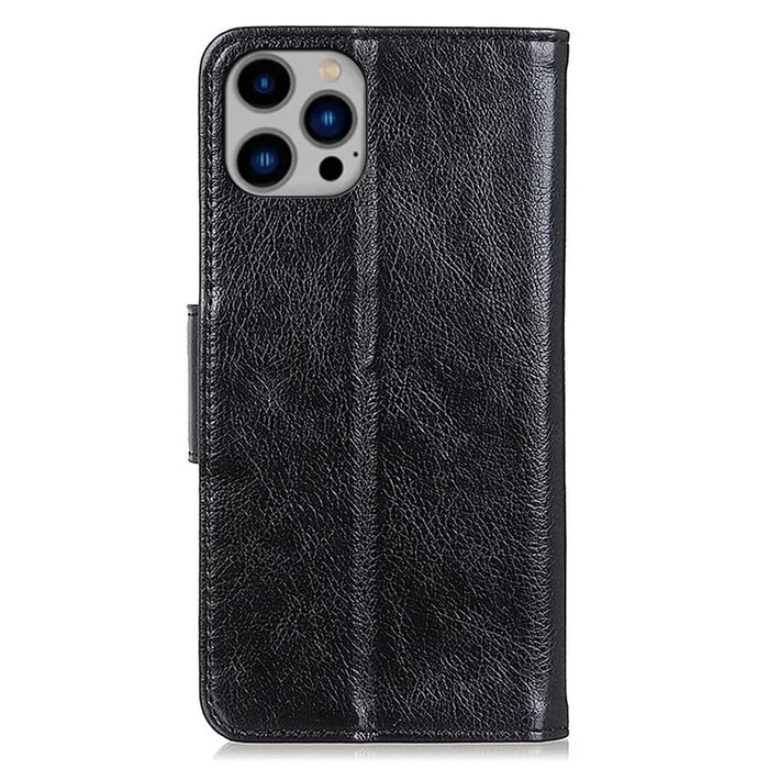 For iPhone 16 Pro Max Case Nappa Texture Split Leather Cover with Wallet Stand - Black - 7