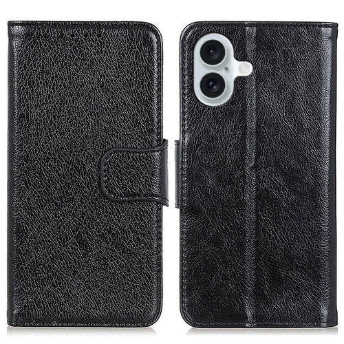 For iPhone 16 Case Nappa Texture Wallet Stand Split Leather Phone Cover - Black - 1