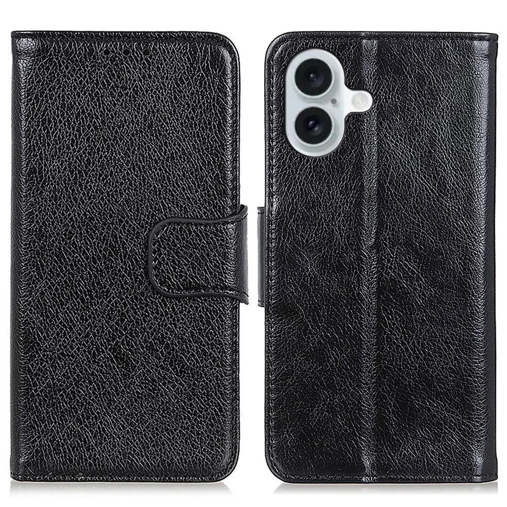 For iPhone 16 Case Nappa Texture Wallet Stand Split Leather Phone Cover - Black - 1