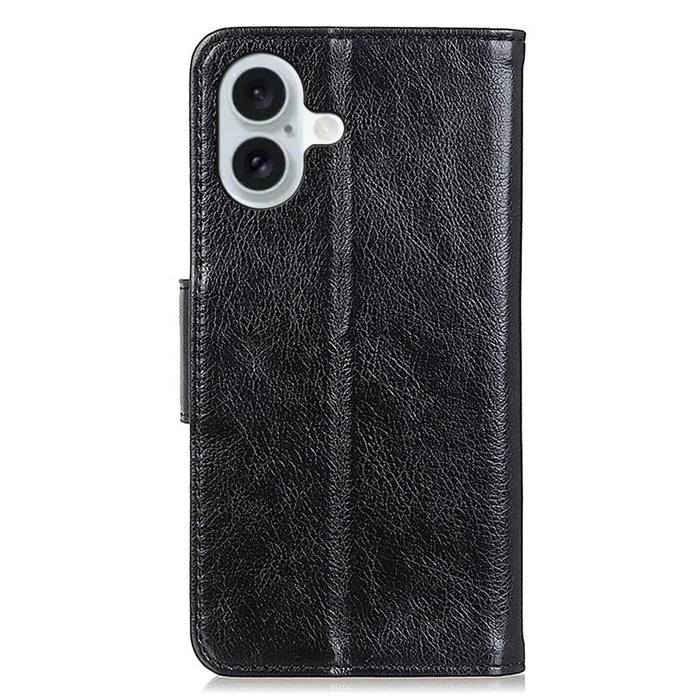 For iPhone 16 Plus Case Nappa Texture Split Leather Wallet Folio Flip Phone Cover - Black - 7