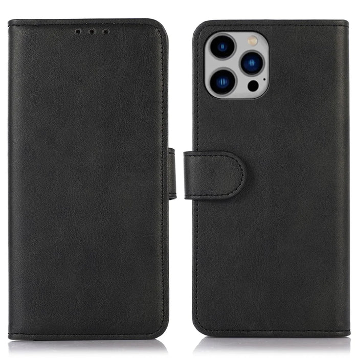 For iPhone 16 Pro Max Case PU Leather Cowhide Texture Folio Flip Phone Cover - Black - 1