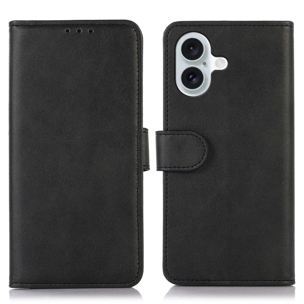 For iPhone 16 Case Cowhide Texture Leather Wallet Phone Cover with Magnetic Clasp - Black - 1