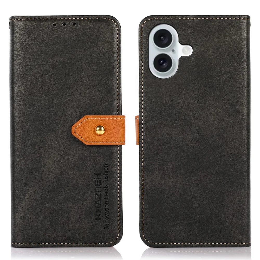 KHAZNEH For iPhone 16 Case PU Leather Phone Cover with Golden Magnetic Clasp Decor - Black - 1