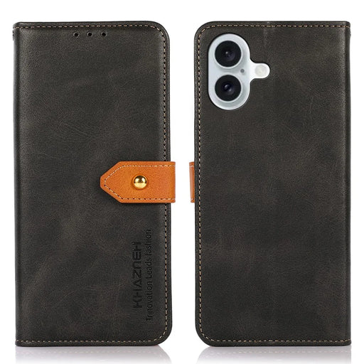 KHAZNEH For iPhone 16 Case PU Leather Phone Cover with Golden Magnetic Clasp Decor - Black - 1