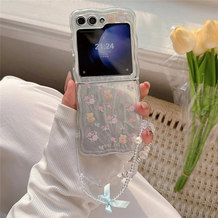 For Samsung Galaxy Z Flip5 5G Case Pattern Print Hard PC Phone Cover with Strap - Flower / Bear - 1