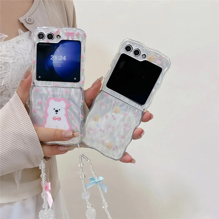 For Samsung Galaxy Z Flip5 5G Case Pattern Print Hard PC Phone Cover with Strap - Flower / Bear - 6