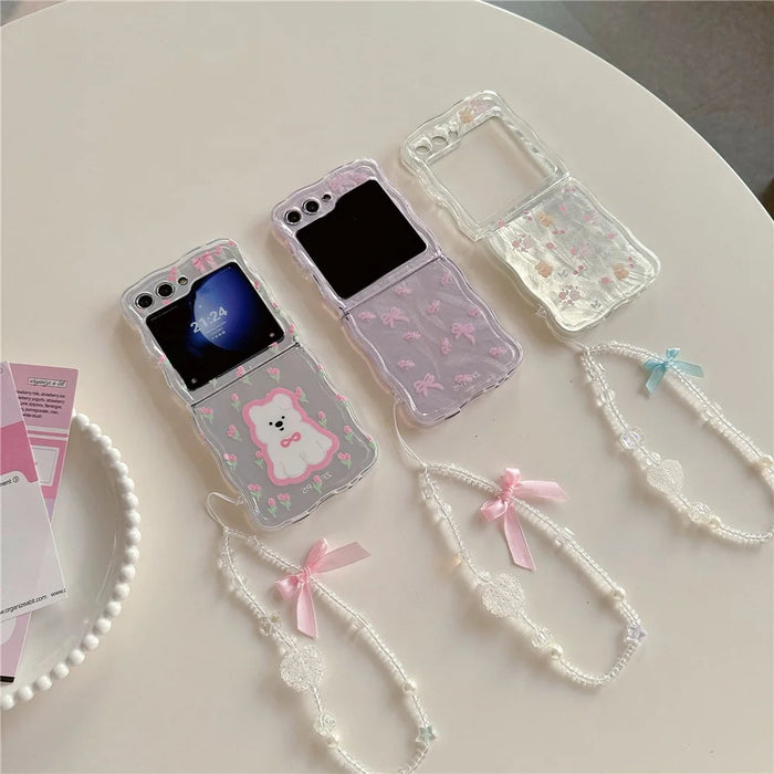 For Samsung Galaxy Z Flip5 5G Case Pattern Print Hard PC Phone Cover with Strap - Flower / Bear - 7