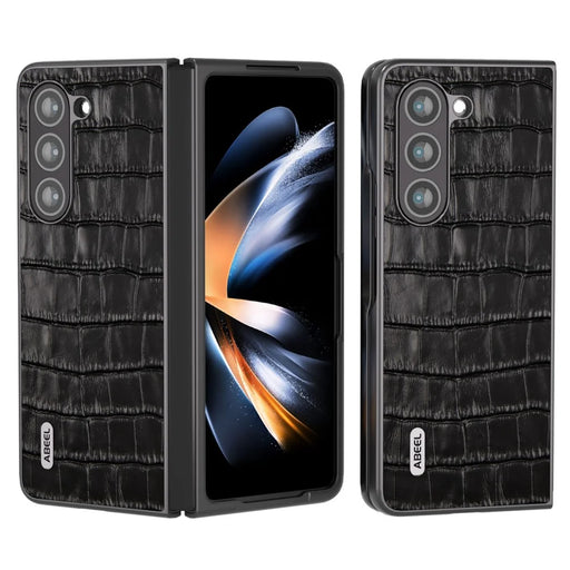 ABEEL For Samsung Galaxy Z Fold6 5G Case Crocodile Texture Genuine Cow Leather+PC Phone Cover - Black - 1