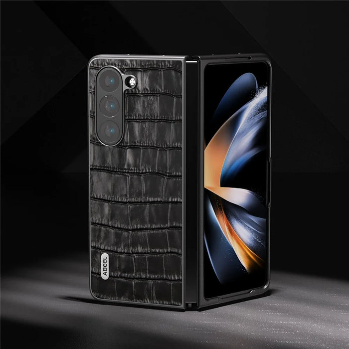 ABEEL For Samsung Galaxy Z Fold6 5G Case Crocodile Texture Genuine Cow Leather+PC Phone Cover - Black - 4