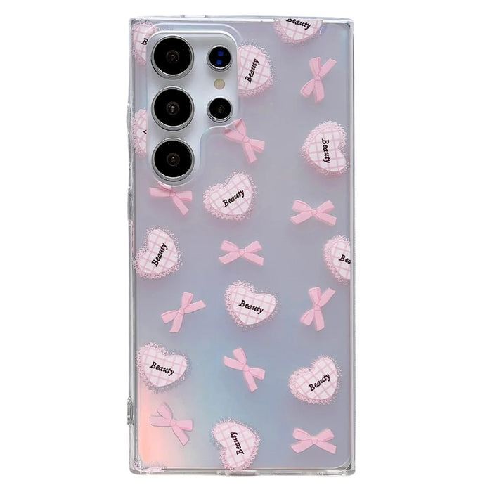 For Samsung Galaxy S23 Ultra Case Laser Effect Pattern Soft TPU Phone Cover - Heart and Bowknot - 1