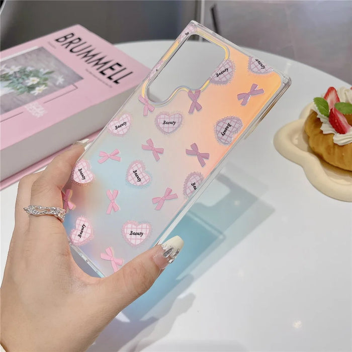 For Samsung Galaxy S23 Ultra Case Laser Effect Pattern Soft TPU Phone Cover - Heart and Bowknot - 4