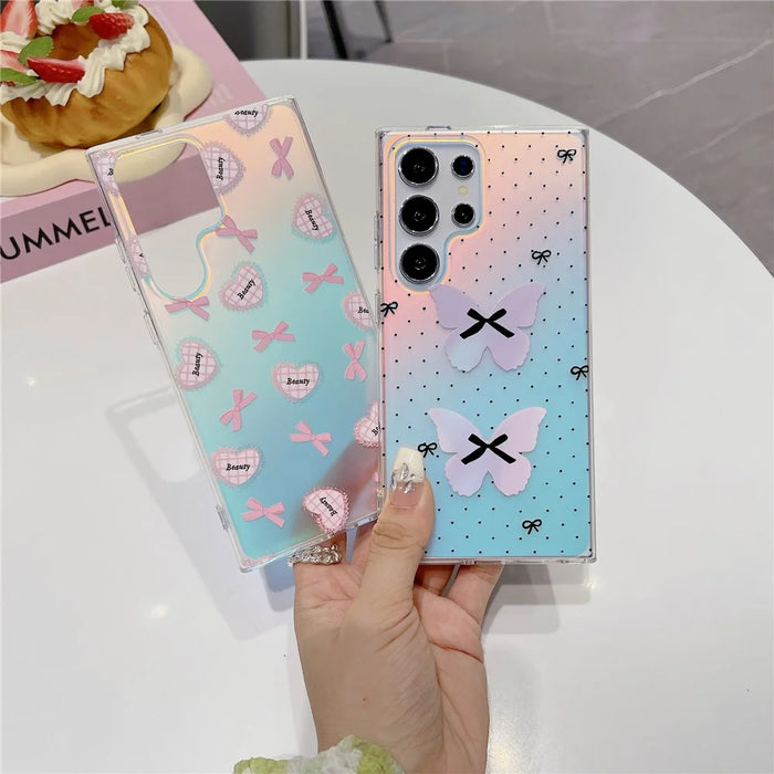 For Samsung Galaxy S23 Ultra Case Laser Effect Pattern Soft TPU Phone Cover - Heart and Bowknot - 7
