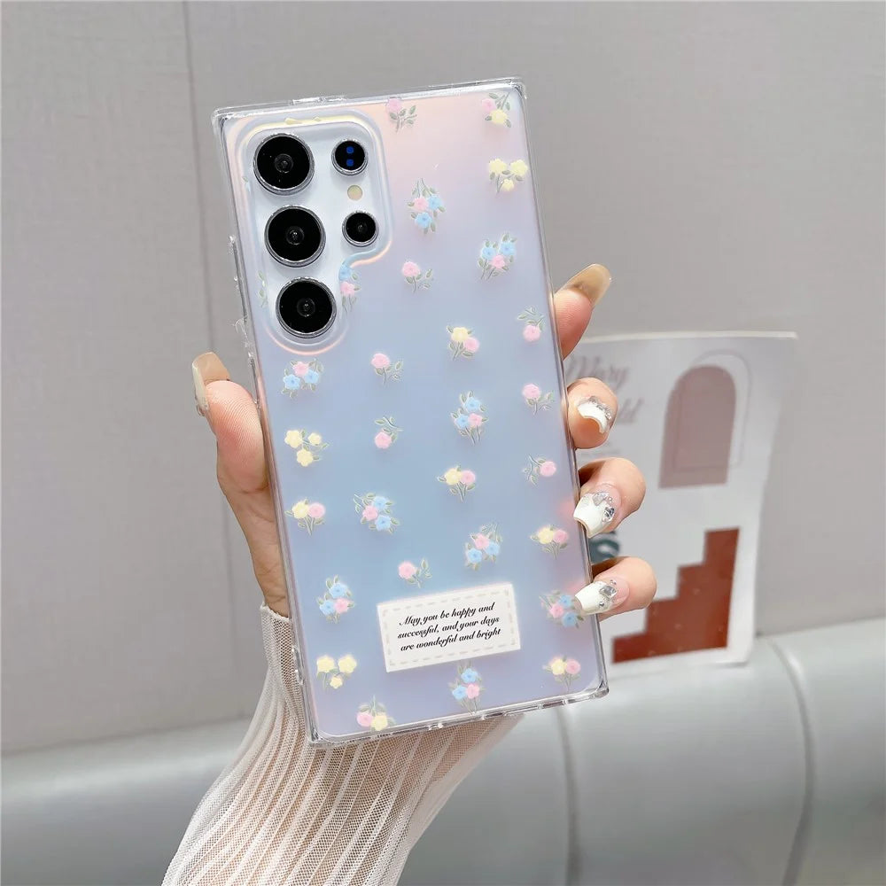For Samsung Galaxy S24 Ultra Case Flower Pattern Laser Effect TPU Phone Cover with Chain Strap - Pink Flower - 2