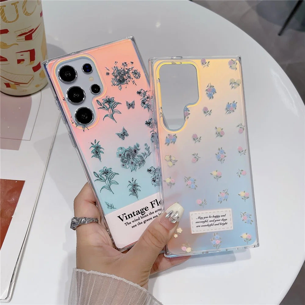 For Samsung Galaxy S24 Ultra Case Flower Pattern Laser Effect TPU Phone Cover with Chain Strap - Pink Flower - 7