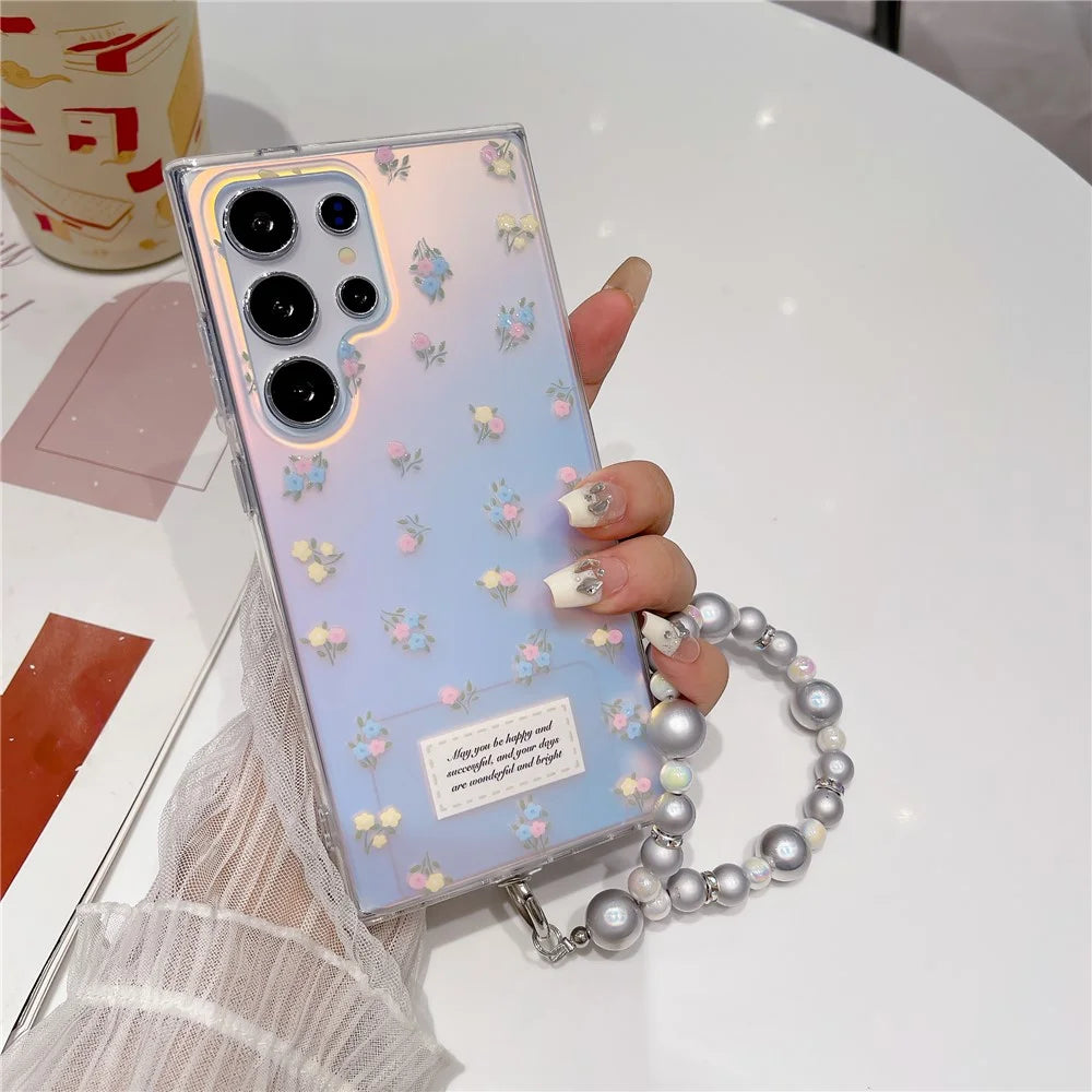 For Samsung Galaxy S23 Ultra Case TPU Cell Phone Back Cover with Strap Flower Pattern Laser Effect - Pink Flower - 4
